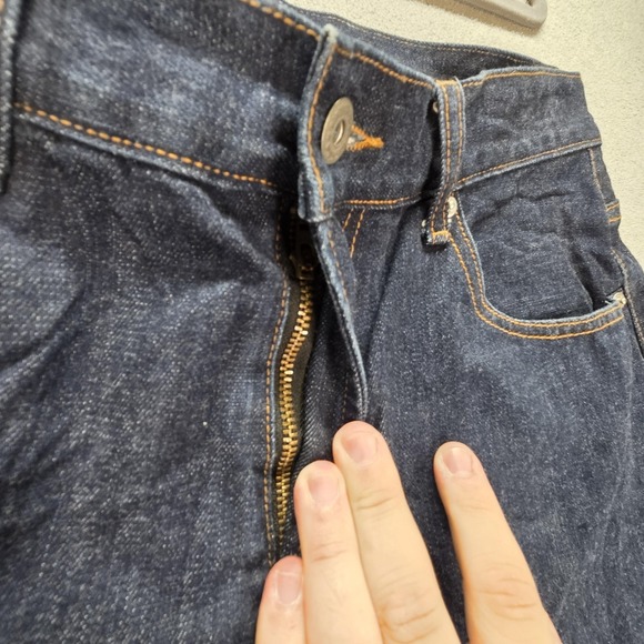 Selvedge Jeans Mens Dark Wash Blue Relaxed Tapered Altered Hem Fits 30x25 - Picture 10 of 16